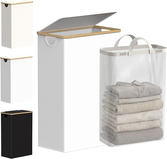efluky Slim Laundry Basket with Lid, Narrow Laundry Hamper with Removable Bag, Skinny Dirty Clothes Basket with Bamboo Handles for Bathroom, Bedroom & Laundry Room, 75L White by efluky