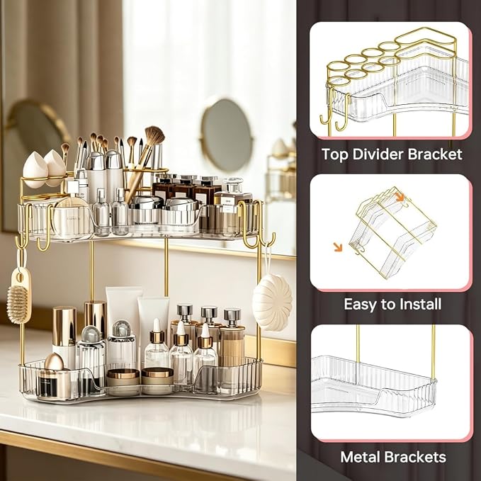 2-Tier Corner Bathroom Counter Organizer，Makeup & Skincare Shelf with Built-in Brush Holder，Space-Saving Bathroom Countertop Organizer for Skincare, Perfume, Cosmetics(Clear) - Image 6