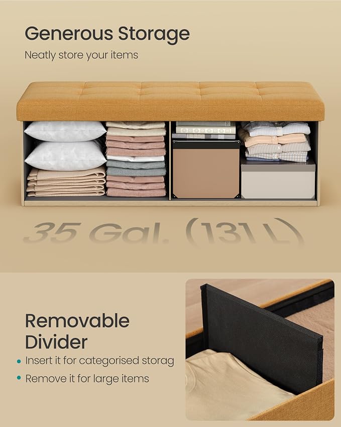 SONGMICS 43.3 Inches Folding Storage Ottoman Bench, Load 660 lb | Ottoman Foot Rest, Storage Chest, for Living Room, Entryway, Ginger and Ink Black, MINOTA Collection ULSF077K04 - Image 6