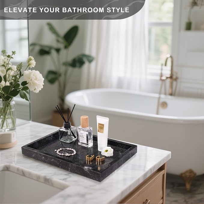 Marble Bathroom Tray for Countertop & Home Decor, Natural Decorative Marble Tray for Jewelry & Perfume Organizer, Luxury Stone Vanity Trays for Dresser, Kitchen Counter, 12" x 8", Gray Black - Image 4