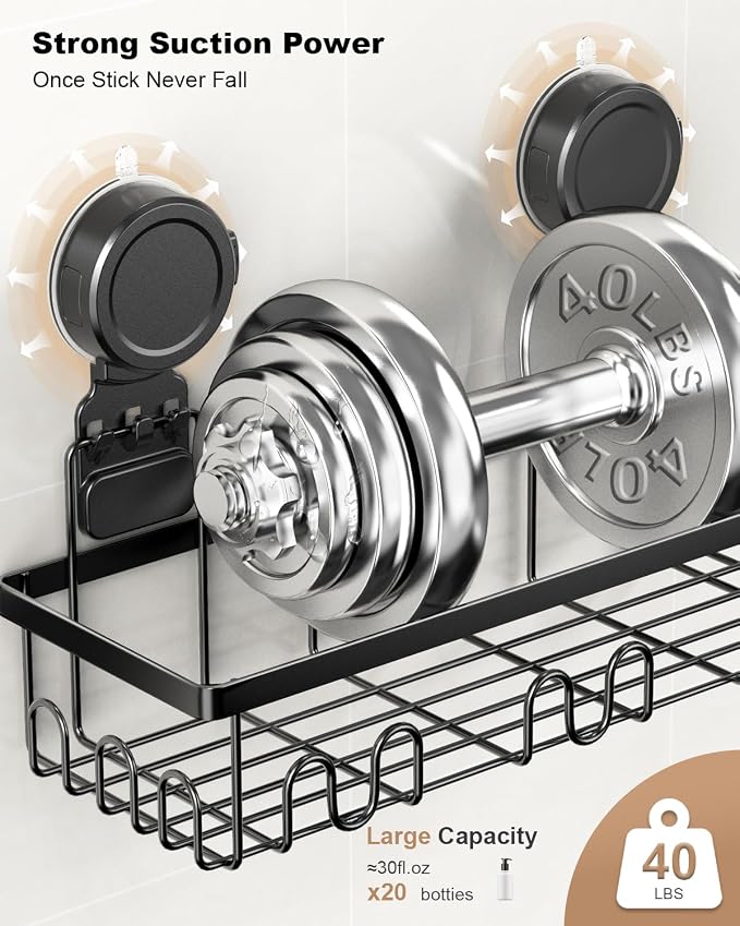 JOTPE Shower Caddy 5 Pack, No-Drill Suction Shower Organizer, Black - Image 3