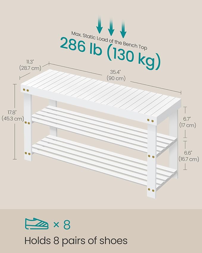 SONGMICS Shoe Rack Bench, 3-Tier Bamboo Entryway Bench, 35.4 Inches Width | Shoe Storage Organizer, Holds Up to 286.6 lb, Cloud White, BAMBOU Collection ULBS090W01 - Image 3