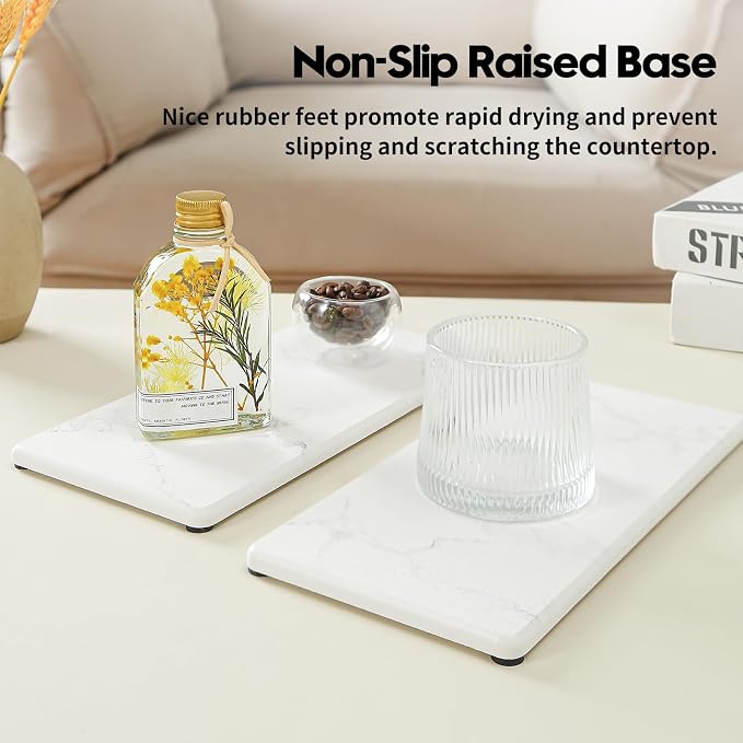 2PCS 10"x 5" Large Bathroom Sink Vanity Trays, Water Absorbing Diatomite Stone Quick Drying Mat for Kitchen Counter, Dish Rack Dispensers Sponge Holder Caddy Organizer, Marble White, 10"x 5" - Image 5