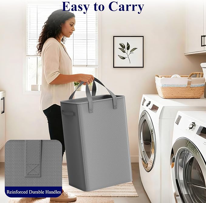 Optish 75L Slim Laundry Hamper, Large Laundry Basket With Handles, Narrow Laundry Basket for Dorm, Bedroom, Living Room, Collapsible Laundry Hamper, Grey - Image 5