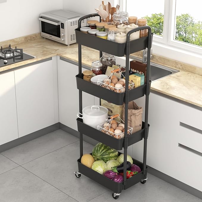 Sywhitta 4-Tier Plastic Rolling Utility Cart with Wheels for Storage, Black - Image 7