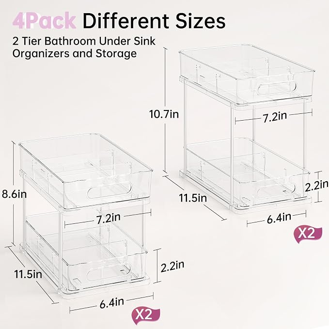 Delamu 2 Tier Under Sink Organizer Bathroom, Bathroom Cabinet Organizer with Snap-Lock Design and Hooks, Pull Out Storage with Movable Dividers, for Countertop, Kitchen and Pantry (Clear, 4 Pack) - Image 3
