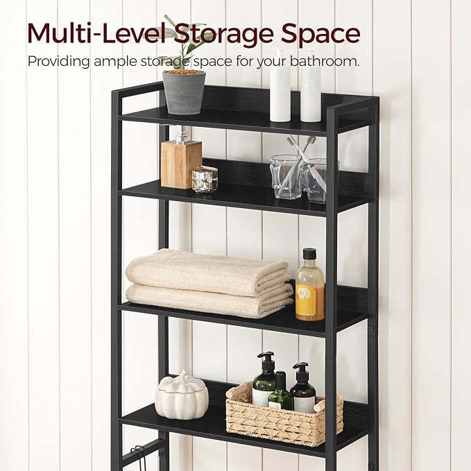 MAHANCRIS Over The Toilet Storage Rack, 4 Tier Bathroom Organizer Over Toilet, Freestanding Space Saver Toilet Stand with 2 Hooks, Bathroom Storage Shelf, Easy to Assemble, Black TSHB0401 - Image 3