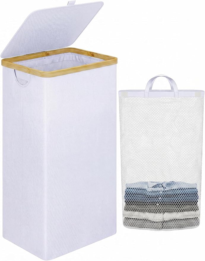 IEGrow Laundry Hamper with Lid,110L Laundry Basket with Mesh Bags,White by iEGrow