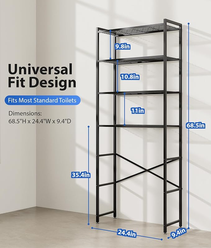 4-Tier Over The Toilet Storage Rack, Bathroom Organizer with One-Piece Metal Mesh Shelves, Over Toilet Shelf with Adjustable Feet & Anti-Tip Kit, Space-Saving Bathroom Storage, Black - Image 2