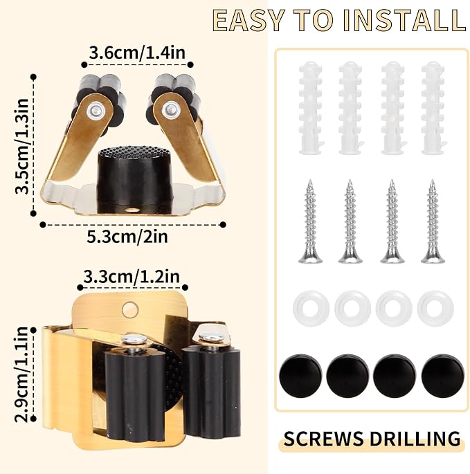 4pcs Anti-Slip Broom and Mop Holder,Wall Mounted Utility Rack with Screws,Stainless Steel Heavy Duty Mop and Broom Hanger,Space-Saving for Kitchen,Home,Bathroom,Garden,Garage Storage.Gold - Image 2