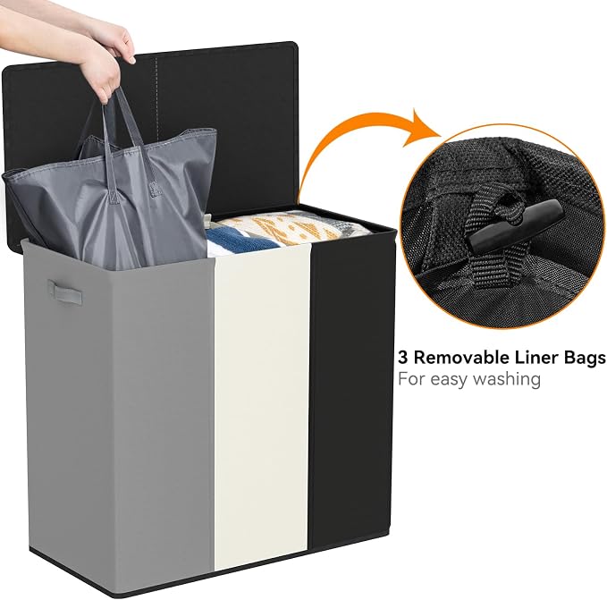 WOWLIVE 180L Laundry Hamper 3 Section, Large Laundry Basket with Lid - Image 6
