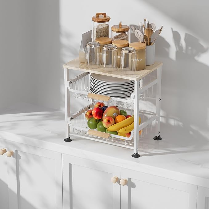 NiuYichee 3-layer Kitchen Fruit Storage Basket Snack Rack, Countertop & Desktop Pull-out Metal Basket with Handle, Organizers - Image 6