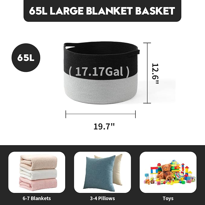 Foldable Laundry Hamper Basket with Collapsible Handle Cotton Rope Soft Woven Fabric Storage Organizer Clothes Toys Nursery Bedroom Dorm Space Saving Bin (Black & Grey, 65L(19.7"D x 12.6"H)) - Image 5