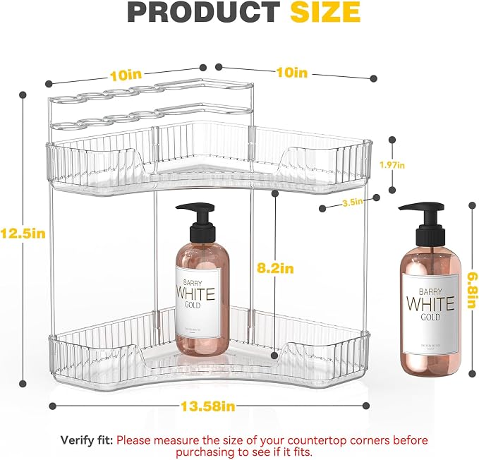 Asayuee 2-Tier Corner Bathroom Counter Organizer with Top Toothbrush Holders,Large Makeup Organizer Countertop with Brush Holder,Skincare Organizers Corner,Exquisite Vanity Organizer(Clear, 2 Tier) - Image 2