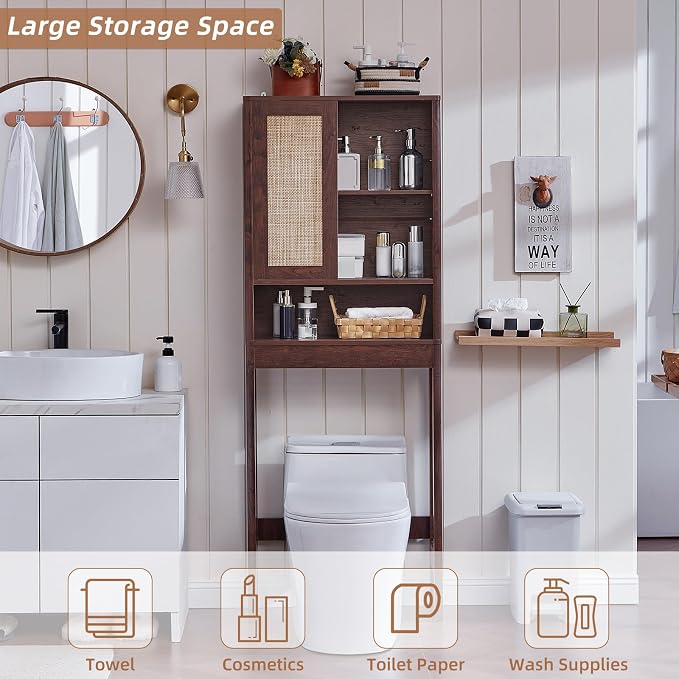 LEYAOYAO 68" Boho Over the Toilet Storage Cabinet with Rattan Sliding Door - Image 5