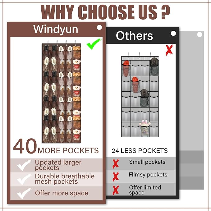 Windyun 1 Pcs 40 Pocket Over the Door Shoe Organizer Hang,Brown - Image 6