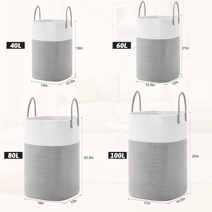 Laundry Basket,Woven Cotton Rope Laundry Hamper,Versatile Storage for Dirty Clothes,Baby Toys,and Blankets in Bathroom, Nursery,and Living Room (Grey, 100L) - Image 3
