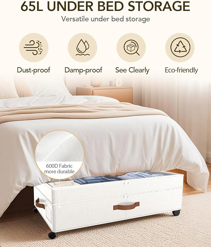 Under Bed Storage with Wheels, 10 inches Under Bed Storage Containers, 65L XXL Large Adjustable Underbed with Lids, Rolling Underbed Storage bins for Shoes, Clothes, Blankets, White - Image 4