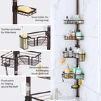 SWTYMIKI Shower Caddy Tension Pole - 4-Tier Corner Shower Organizer Tension Rod with Soap Holder, Toothbrush Holder & 4 Hooks, Adjustable Stainless Steel Bathroom Organizer 27.6 to 108.3 inch, Bronze - Image 4