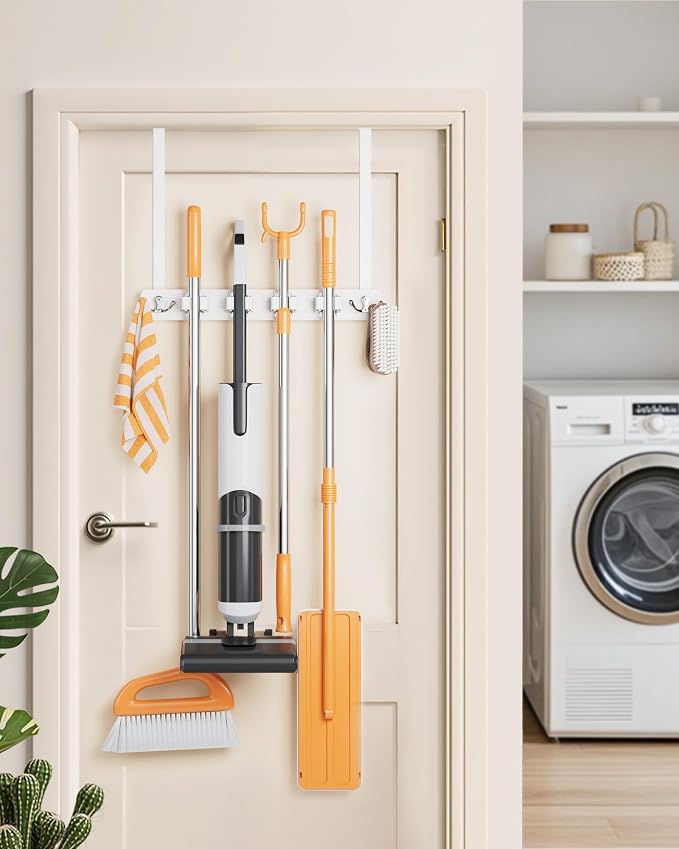 Mop and Broom Holder Wall Mount, No Drill Over the Door, White - Image 2