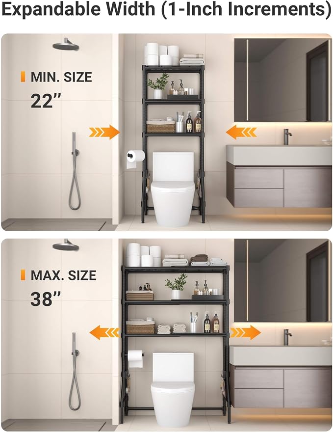 Over The Toilet Storage Rack with Expandable 3-Tier Adjustable Height & Width (22"-38") Bathroom Organizer Shelves Space Saver Above Toilet Over Washer and Dryer Shelf for Laundry Room - Image 3