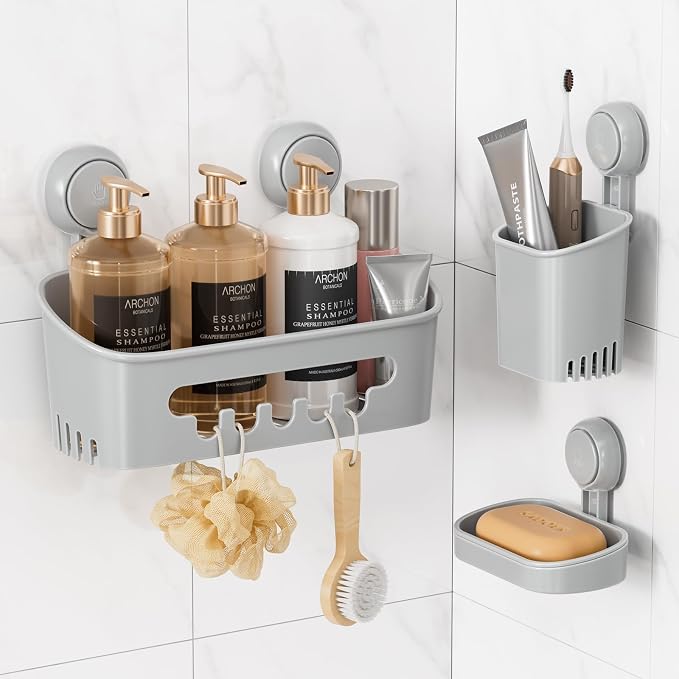 LEVERLOC Shower Caddy Suction Cup Set Shower Organizer & Soap Holder, Grey by LEVERLOC