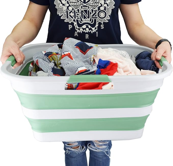 SAMMART 30L(8 gallon) Collapsible Plastic Laundry Basket - Foldable Pop Up Storage Container/Organizer - Space Saving Hamper/Basket - Water Capacity 24L(6.3 gallon) (1, Grey/Dark Sea Green) - Image 8