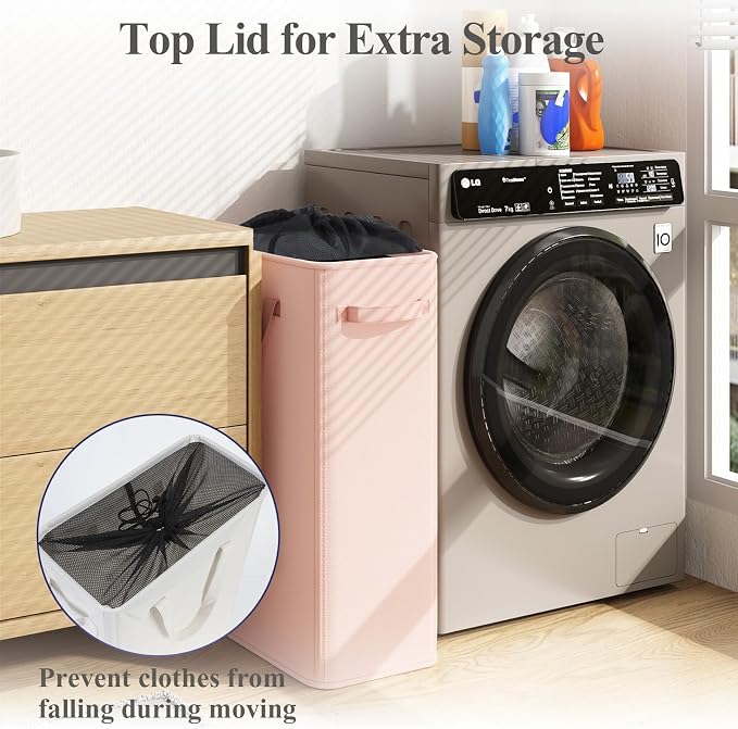 Optish 50L Pink Slim Laundry Hamper, Narrow Laundry Basket with Handles, Baby Girl Hamper for Nursery, Dorm, Bedroom, Living Room, Collapsible Laundry Basket - Image 6