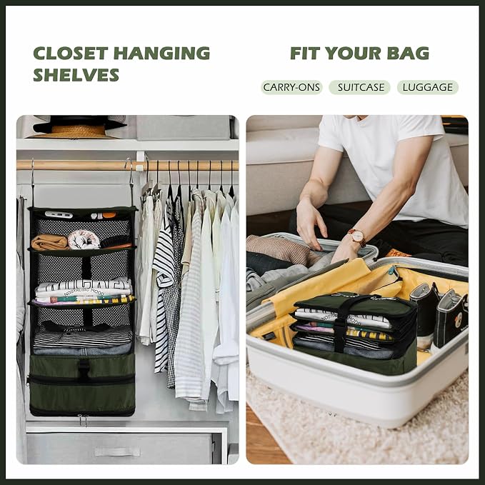 Surblue Hanging Closet Storage Bag Collapsible 3-Shelf Washable Oxford Fabric with 2 Hooks (L 11.41 * 11.41 * 19.68in, Dark Green) - Image 3