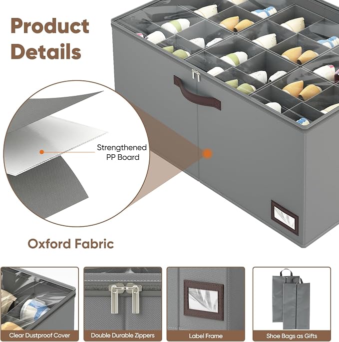 OIAHOMY 2 Pack Shoe Organizer for Closet, Large Foldable Shoe Storage Bins with Dividers and Reinforced Handles, Each Clear Cover Sneaker Box Fits Up to 24 Pairs for Entryway and Bedroom, Grey - Image 5