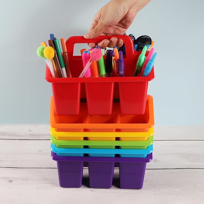 Plastic Caddy With Handle,Protable Classroom Craft Caddy, 6-pack Storage Caddy For Pencil,Pen,Craft Tools (Rainbow Color) - Image 9