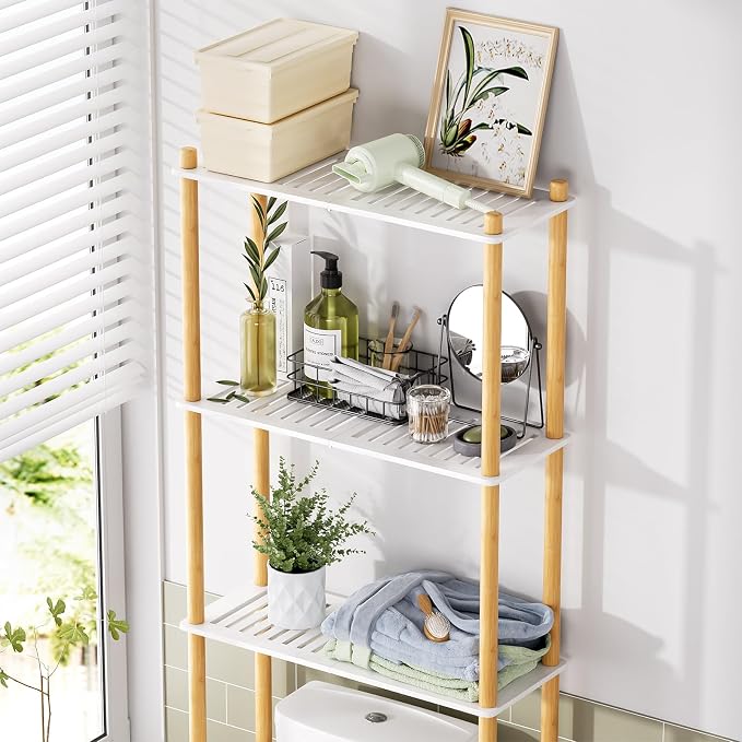AmazerBath Bamboo Over The Toilet Storage Shelf, 3-Tier Bathroom Storage Organizer Shelf, Above Toilet Storage Rack, Space Saver, White and Natural Color - Image 3