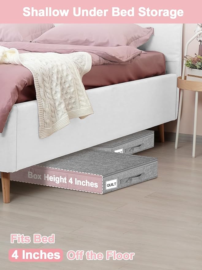 4-In Low Profile Under Bed Storage, Rigid Structure, 2 Pack, Gray | Below 4 Inch Low Space Storage, Rigid Sides & Bottom, Reinforced Handles, Foldable Design, for Couches, Cribs, Dorm Beds - Image 2