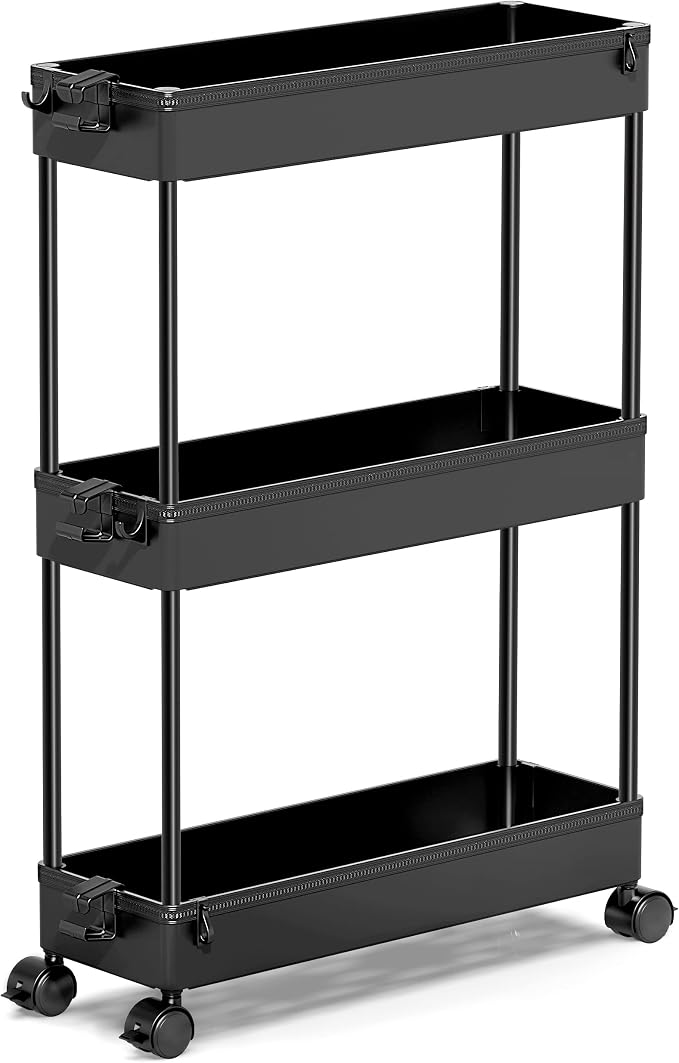 SPACEKEEPER Slim Rolling Storage Cart, 3 Tier Bathroom Storage Organizer Laundry Room Utility Cart Mobile Shelving Unit, Multi-Purpose for Kitchen Office Bathroom Laundry Narrow Places, Black by SPACEKEEPER