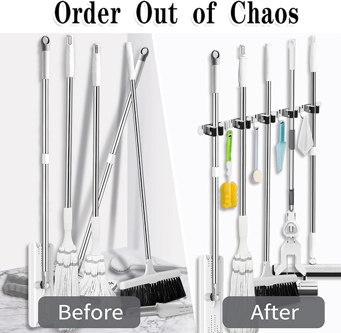 2 Pack Broom Holder Wall Mount, 5 Racks 4 Hooks Mop and Broom Organizer - Image 6