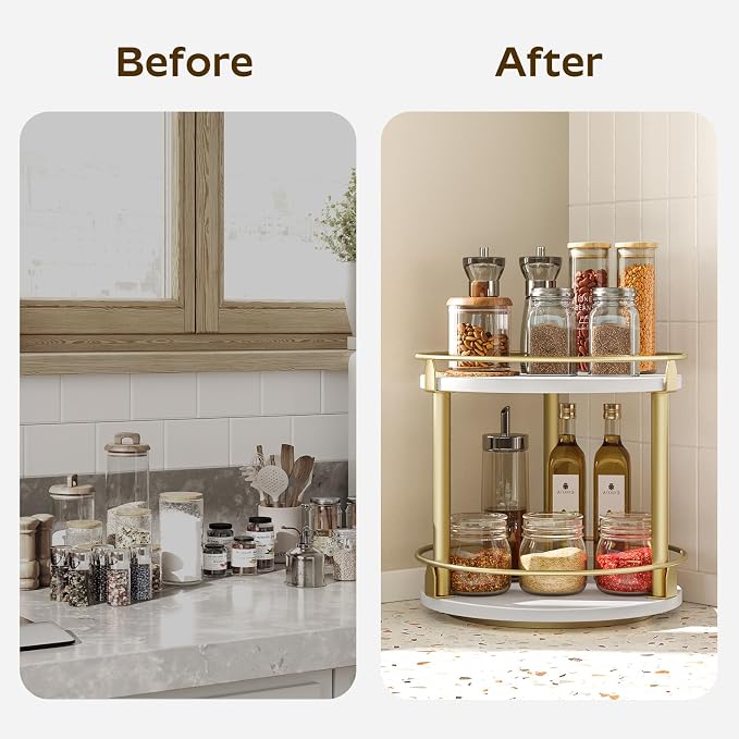 YATINEY Lazy Susan Organizer, Rotating Spice Rack, 2 Tier Spice Turntable Organizer, Industrial Turntable Spice Holder, for Kitchen Countertop and Cabinet, Compact and Versatile, White and Gold SR22DW - Image 5