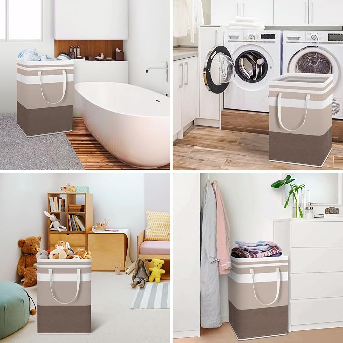 HomeHacks 2 Pack Large Laundry Baskets, Laundry Hampers Bags (Khaki 75Lx2) | Waterproof, Freestanding, Collapsible Clothes Hamper with Reinforced Handles in Laundry Room, Dorm, Bathroom, Bedroom - Image 6