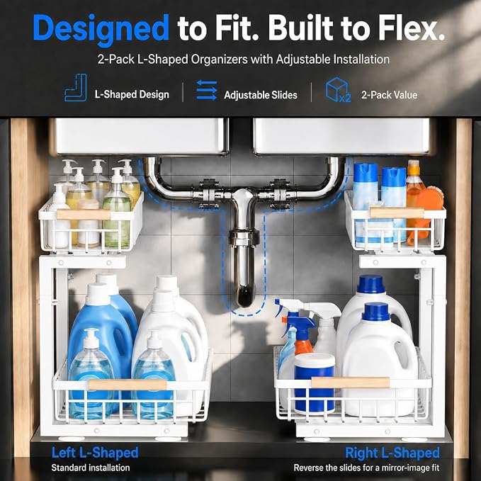 Under Sink Organizer 2 Pack, Double Slide Out Metal Shelf, White - Image 7