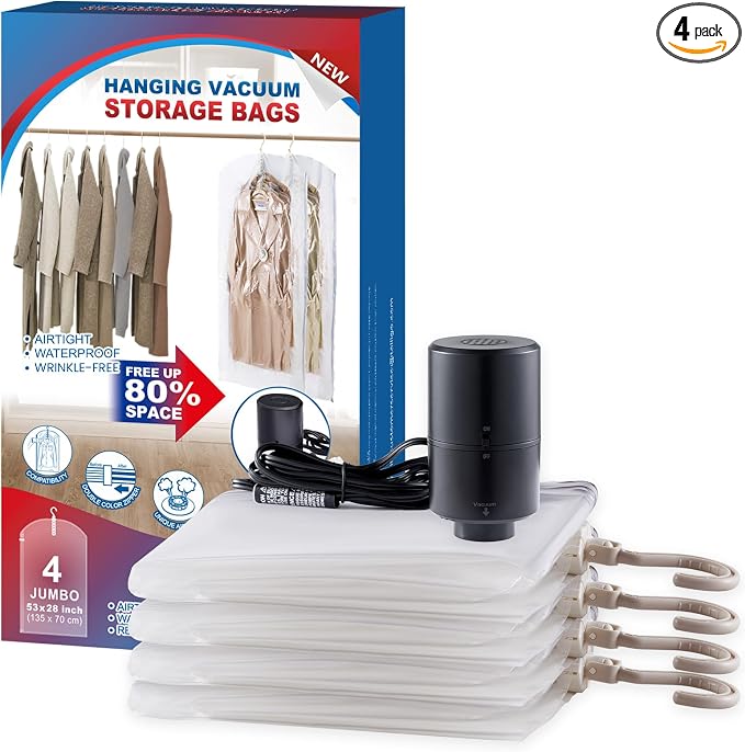 Hanging Vacuum Storage Bags, Space Saver for Clothing, 4 Long with Pump | Vacuum Seal Bags for Clothing with Electric Pump, Hanging Garment Storage for Jackets, Suit, Dresses, Winter Closet Organizer by VELMADE