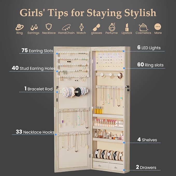 DUMOS 6 LEDs Mirror Jewelry Organizer Cabinet, Jewelry Armoire, 47.2 Inch - Image 3