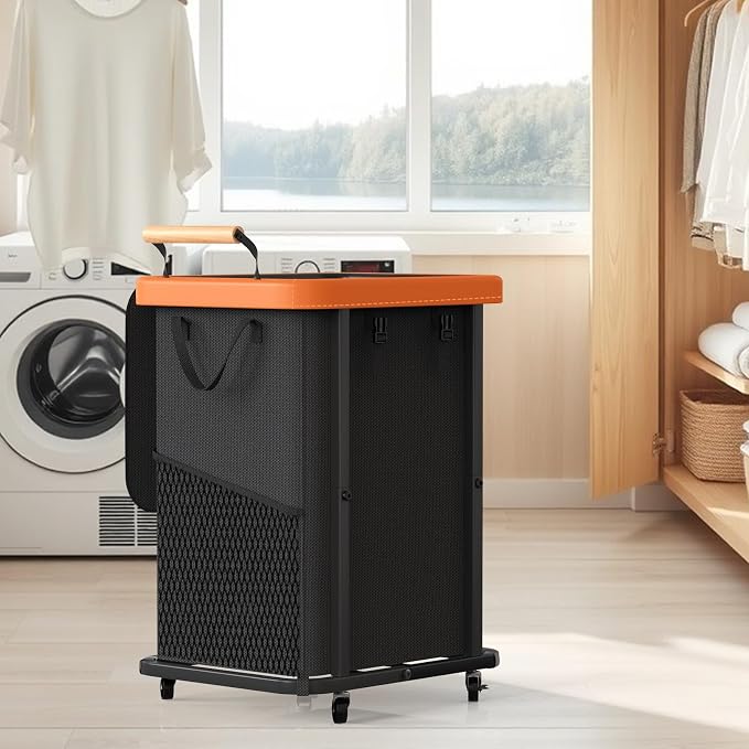 Laundry Hamper with Lid,Leather Patchwork Laundry Basket with Wheels 40Gal - Image 7