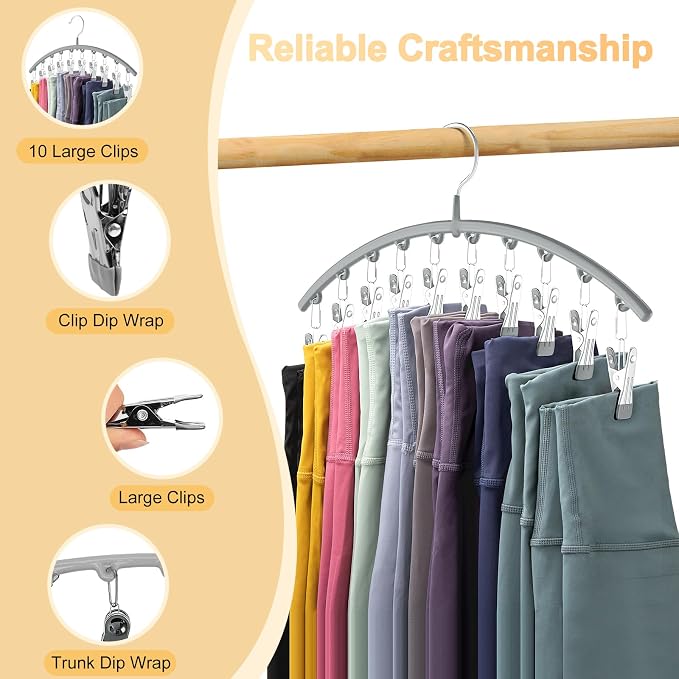 Volnamal Legging Organizer for Closet, Metal Yoga Pants Hanger w/Rubber Coated 1 Pack w/10 Clips Hold 10 Leggings, Hangers Space Saving Hanging Closet Organizer for Closet Organizers and Storage-Gray - Image 8