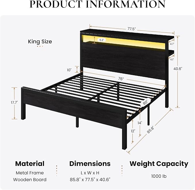 SHA CERLIN King Bed Frame, 2-Tier Storage Headboard, LED, Charging Station - Image 2