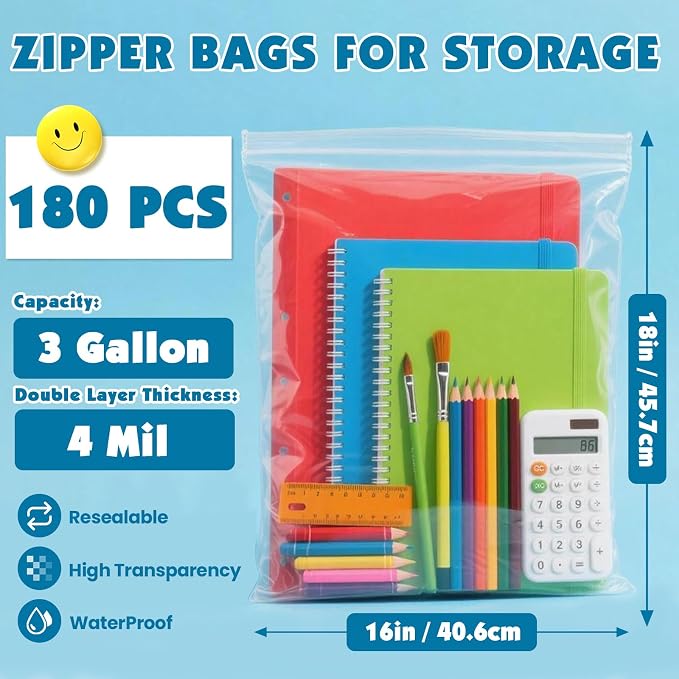 180 Pack Large 3 Gallon Storage Bags with Zipper Top, 16 x 18in Zipper Bags - Image 2