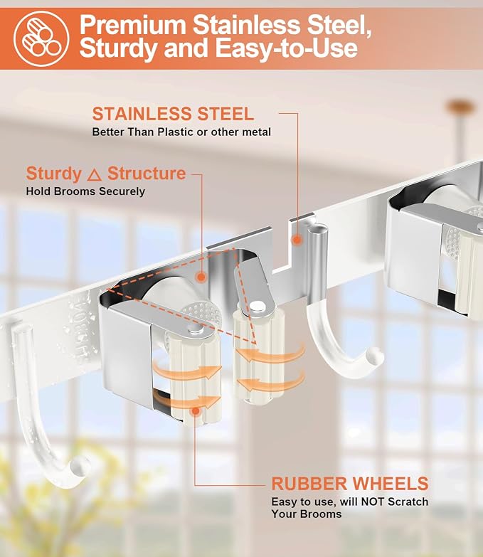 Broom Holder Over The Door with 4 Over Door Hook, Drilling Free Mop - White - Image 6