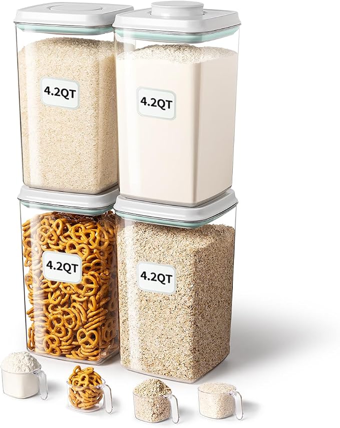 Ankou Airtight Food Storage Container with Pop Lid & 130ml Scoop, 4L/4.2qt *4 BPA-Free Cereal, Rice, Flour, Pasta & Snack Container, Stackable & Durable,Kitchen Pantry Organizer by ANKOU