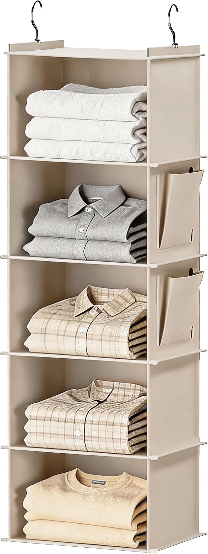 Foldable Hanging Closet Organizer, 5-Shelf Hanging Shelves with Side Pockets, Space Saving Storage for Clothes and Accessories by Aimkeoulee