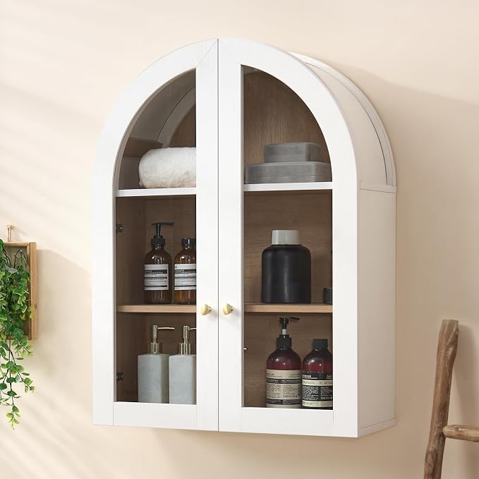 Bathroom Arched Wall Cabinet Over The Toilet Storage Cabinet, 23.5×31.4 Inch bathroom cabinet wall mount with Glass Doors & Adjustable Shelves, Wood Cabinet for Laundry Room, Kitchen, White/Natural by NOWABAY