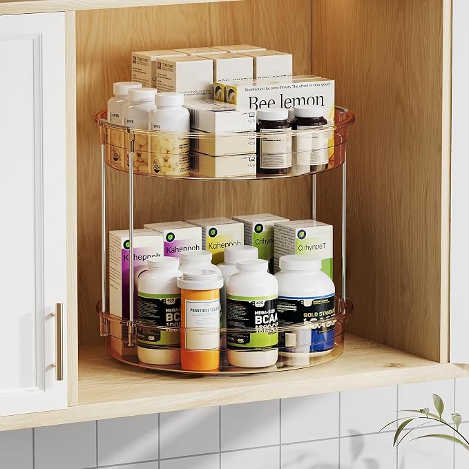 LAMU 12inch 2 Tier Lazy Susan Turntable Organizer Rotating Spice Rack Organization for Cabinet, Kitchen, Pantry, Countertop, Bathroom, Vanity, Medicine Cabinet Organizer, Amber - Image 2