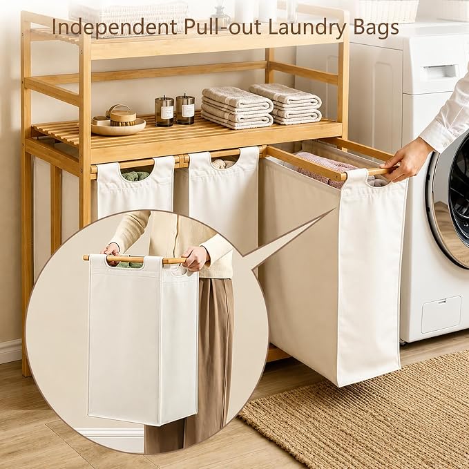 Bamboo 150L Laundry Hamper with 2 Tiers Shelf, Laundry Room Organization - Image 4